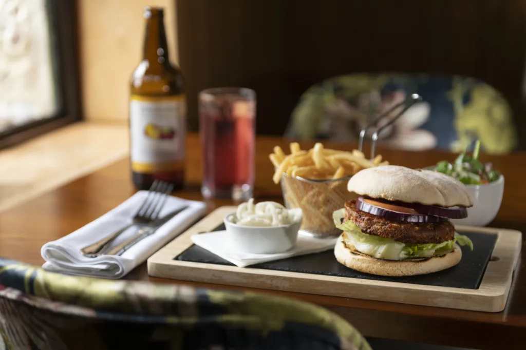 Vegetable & Lentil Burger served with skinny fires and pickled fennel